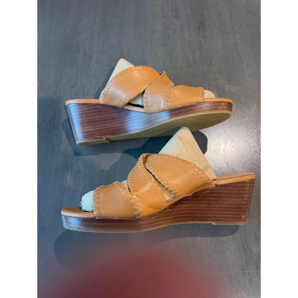 Jack Rogers Womens Tan Leather Whipstitch Wedge Sandals‎ Slides Size 9M Boho